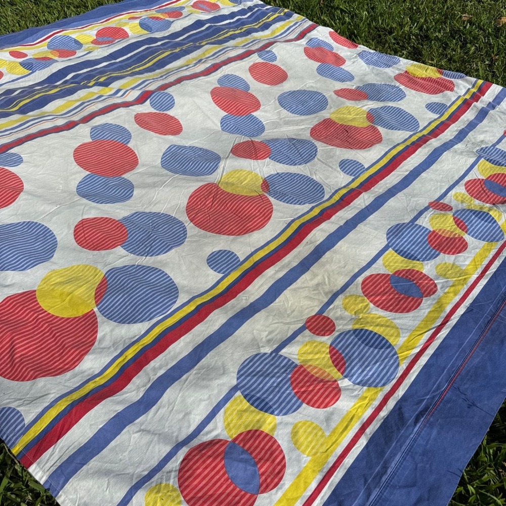 Vintage Queen Flat Sheet Retro Polka Dot Striped Primary Colors MOD